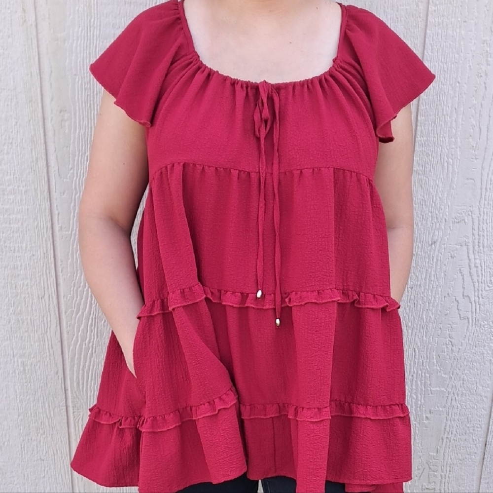 Women's Rustic Country Red Ruffle Top With Pockets